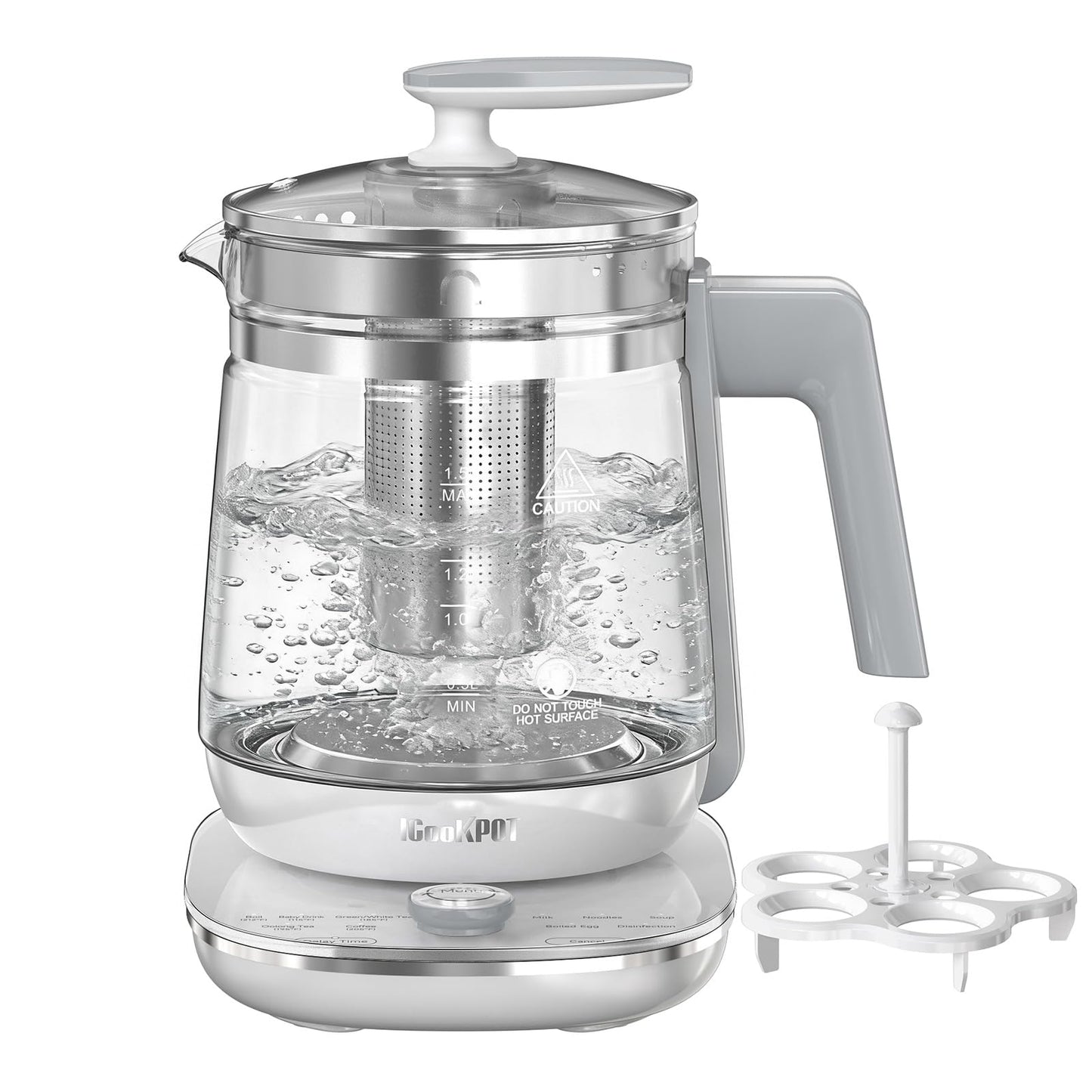 ICOOKPOT 1200w Electric Kettle, 1.5L Borosilicate Glass tea kettle, Hot water kettle electric for Coffee or Tea, BPA Free, Auto Shut-Off, Stainless Steel, Fast Boil, White