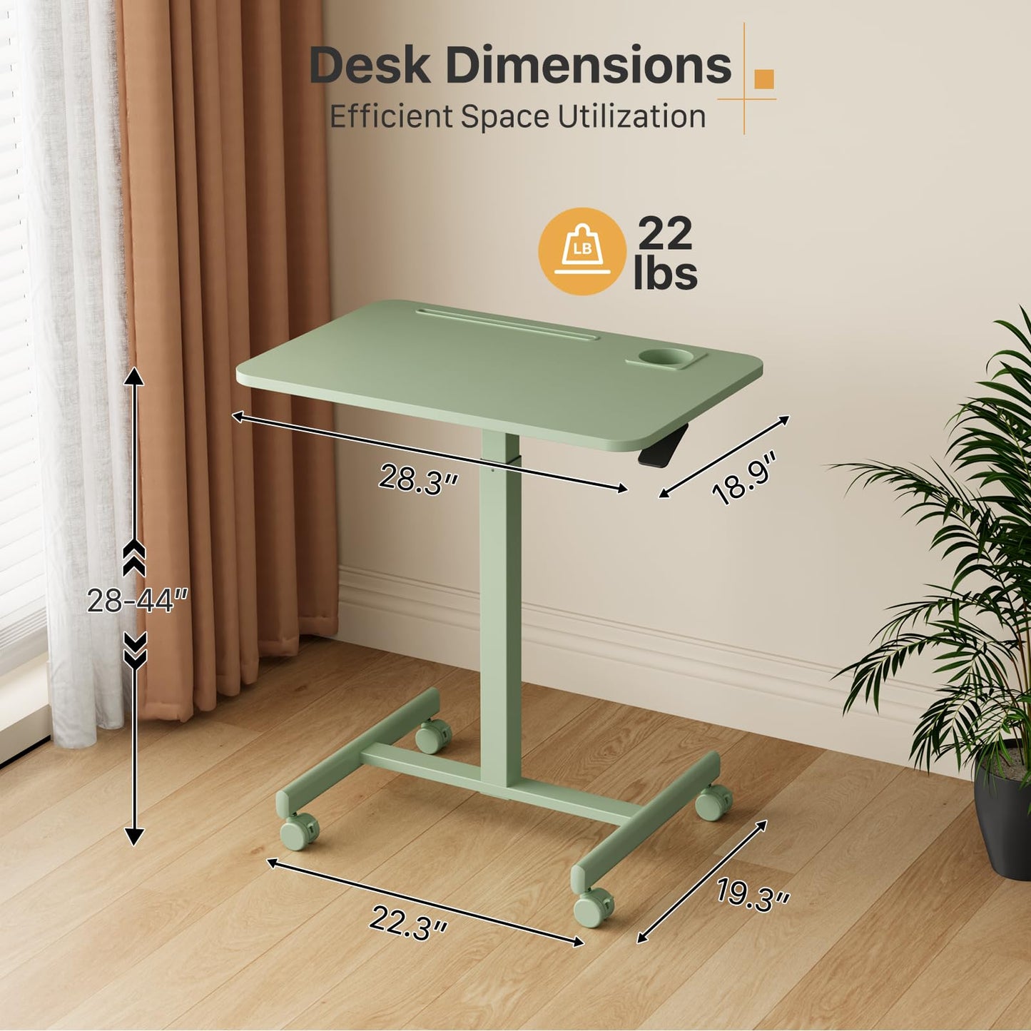 Liftsync Mobile Standing Desk, 28 inch Rolling Laptop Cart Adjustable Height with Cup Holder, Portable Table with 4 Lockable Wheels, Green Computer Workstation with Hook and Slots for Home Office