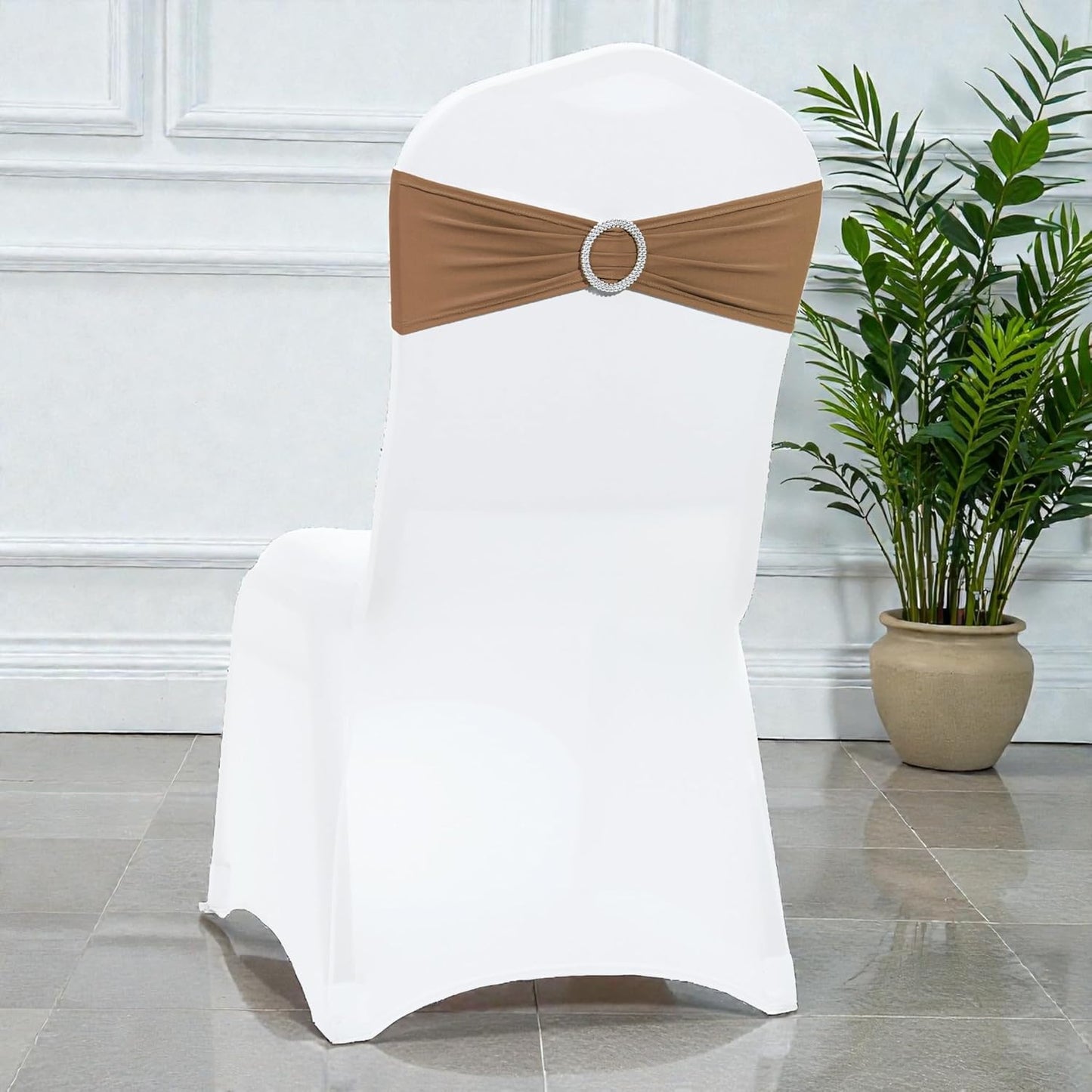 MDS Premium Spandex Chair Sashes - Stretchy Bow Covers with Buckle Slider | 50-Pack in Mocha for Weddings & Events