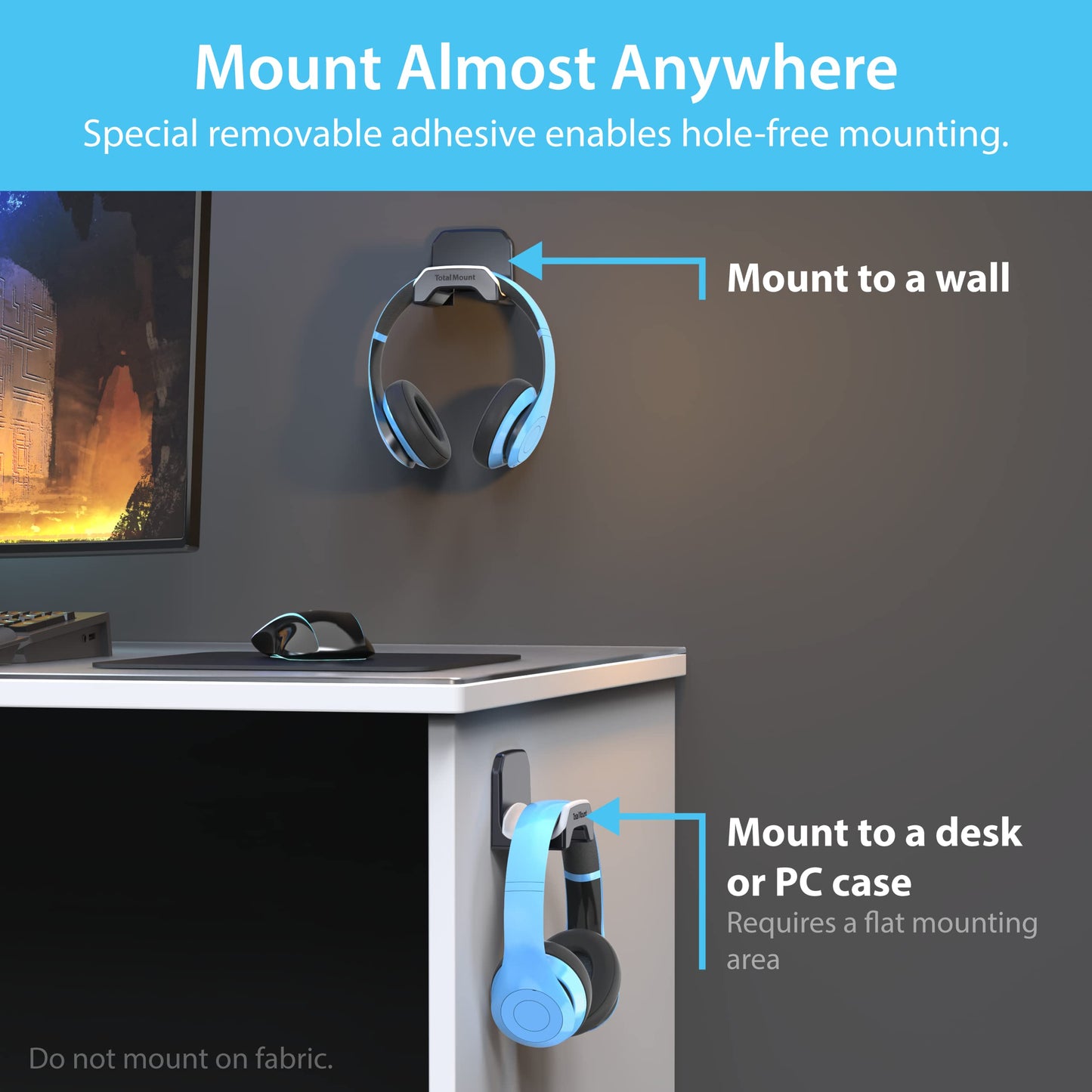 TotalMount Gaming Headset Hanger – Includes Removable Adhesive Strips for Easy, Damage-Free Wall, Desk, or PC Mounting (Black Headphone Hook with Premium Silicone Cradle – One Pack)