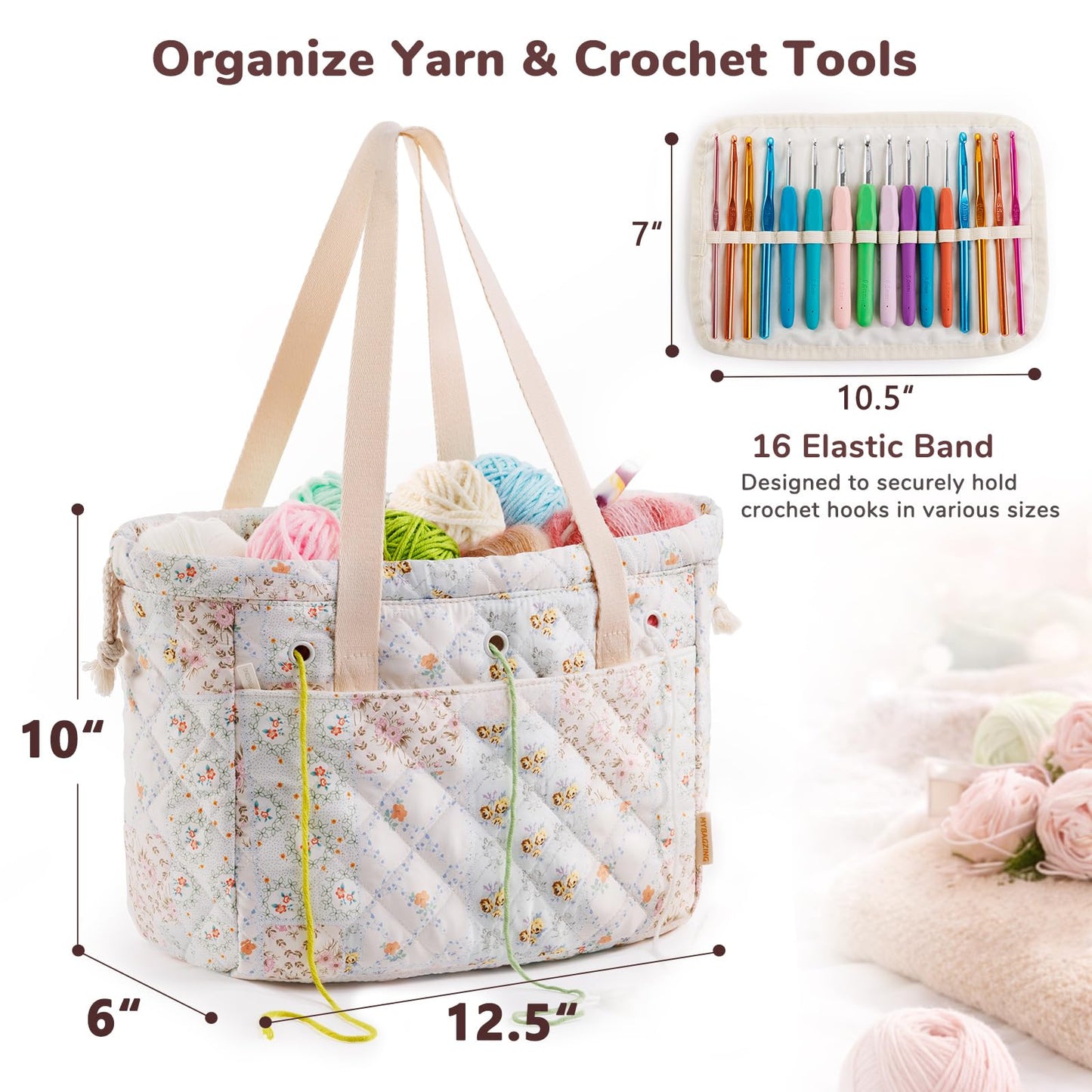 MYBAGZING Portable Crochet Bag Organizer with Crochet Hook Organizer Roll, Quilted Yarn Storage Tote with Grommets, Knitting Project Bag for Yarn & Accessories, Floral Craft Tote Gift for Crocheters