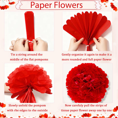 Valentines Day Decorations, Happy Valentines Day Banner and Red Heart Balloons for Valentines Decor with Paper Flowers and Heart Hanging Decor