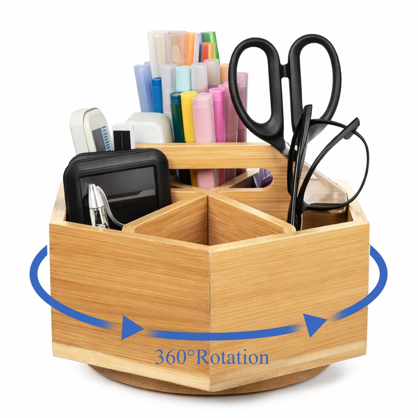 Bamboo Rotating Art Supply Desk Organizer, Rotating Marker Organizer for Alcohol Markers, Office Supplies Desktop Storage Caddy, 360-Degree Rotatings Bamboo Storage for Pencils, Pen, Paint Brushes
