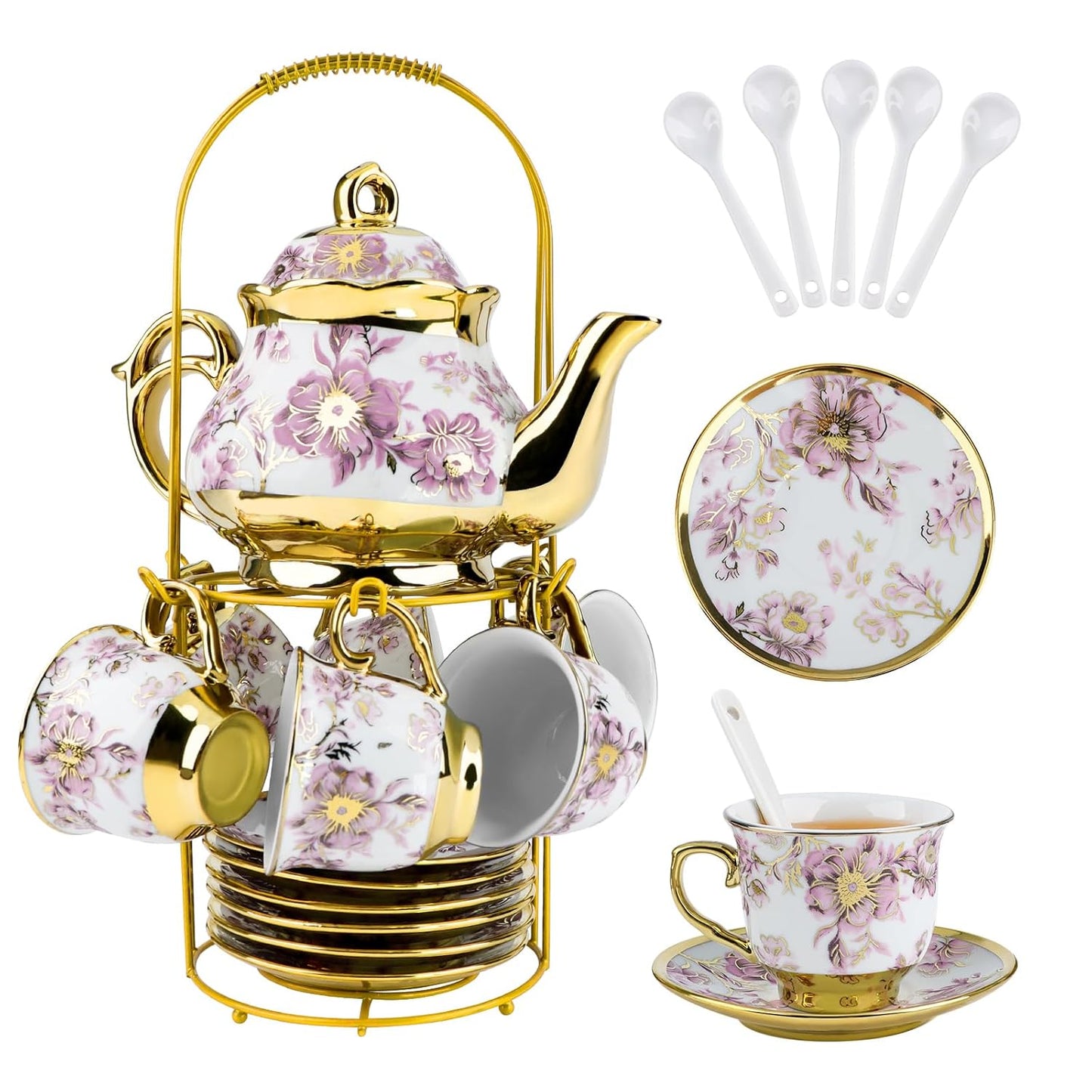 20 Set Sets Set Set Pcs Porcelain Tea with Metal Holder European Flower Tea for Adults, Ceramic Tea Party European