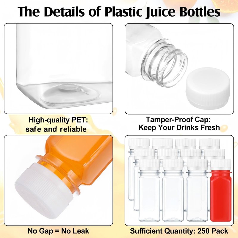 Sliner 250 Pcs 2oz Small Plastic Juice Bottles Ginger Juice Bottle with Lids Liquid Vial Reusable Clear Beverage Container with Lid, Freezer Safe, Leak Proof for Milk, Water