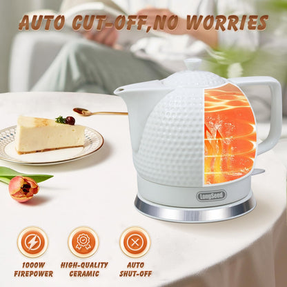 LONGSEED Electric Kettle, 1.2L Ceramic Tea Kettle with embossed design, BPA-Free,1500W Water Boiler with LED Light, Auto Shut-Off and Boil-Dry Protection,Pure white relief sculpture