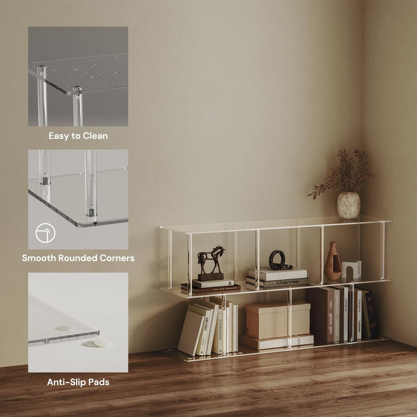 CRTERICX 3-Tier Acrylic Horizontal Bookshelf, Clear Long Bookcase, Modern Low Book Shelf with 5 Cube Storage for Living Room, Office, Bedroom, 11.8''D x 47.2''W x 24.6''H