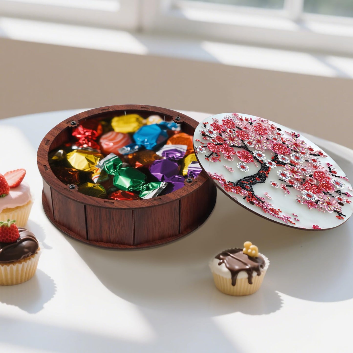 antor 5D Diamond Painting Snack Storage Box – Cherry Blossom Tree Design Round Wooden Container with Lid – Floral Elegant Crystal Rhinestone Art Craft Gift for Adults