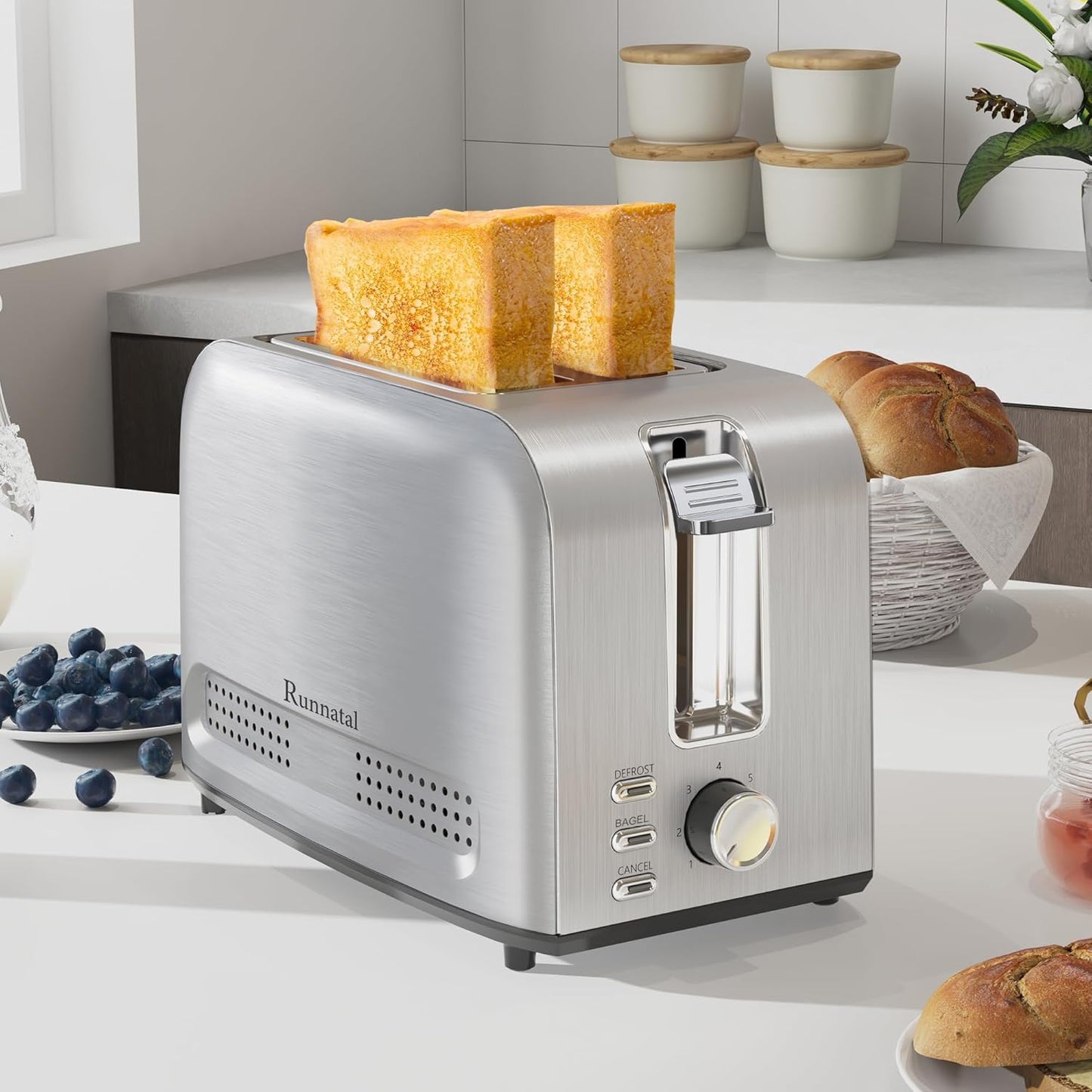 Runnatal 2 Slice Toaster, 100% Stainless Steel, Multifunctional with 7 Toast Settings, Defrost, Bagel, Cancel Functions