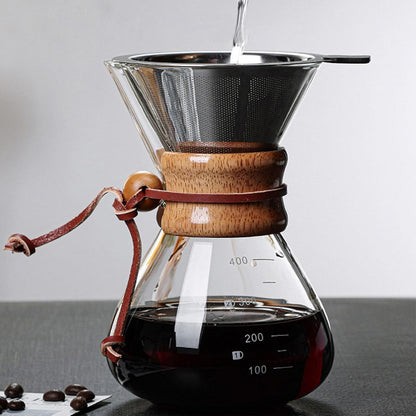 TOPINCN Double Layer Filter V Spout Wooden Sleeve Pour Over Coffee Maker 400ml Capacity, Clear Scale Glass Material