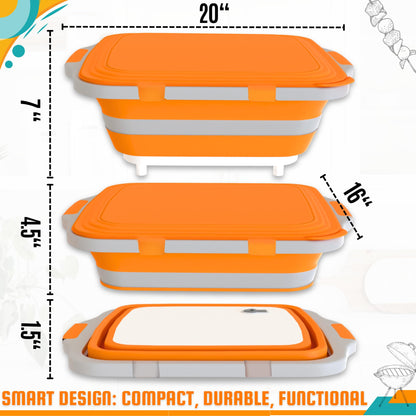MAYALEAD BBQ Prep Tub with 2 Pcs Meat Shredder Claws, Collapsible Cutting Board, Cutting Board with Locking Lids, Drip Easy BBQ Prep Tub with lid-XL Size (Orange)