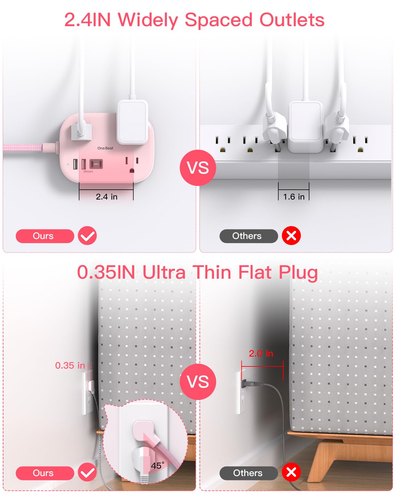 Cruise Essentials 2025,One Beat Travel Power Strip with USB C,Flat Plug Extension Cord with 3 Outlets 4 USB Ports(2 USB C),5 ft Desk Wall Outlet Extender,Non Surge Protector for Cruise,Dorm Room,ETL