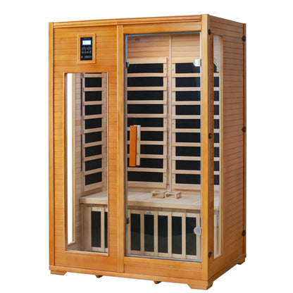 EAGLE PEAK 2 Person Low EMF Far Infrared Sauna, Red Light and Chromotherapy Lighting, Bluetooth Speakers, USB Port, Indoor Dry Heat Sauna, Canadian Hemlock Wood, Brown