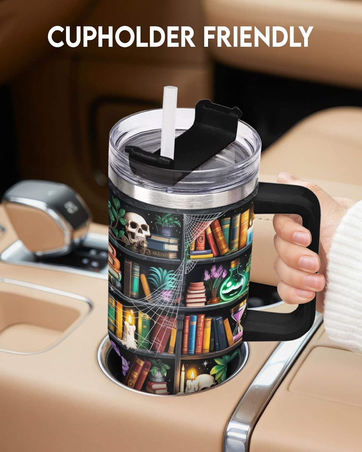 40oz Reading Bookshelf Tumbler With Handle And Straw, Insulated Stainless Steel Travel Cup, Bookish Water Bottle