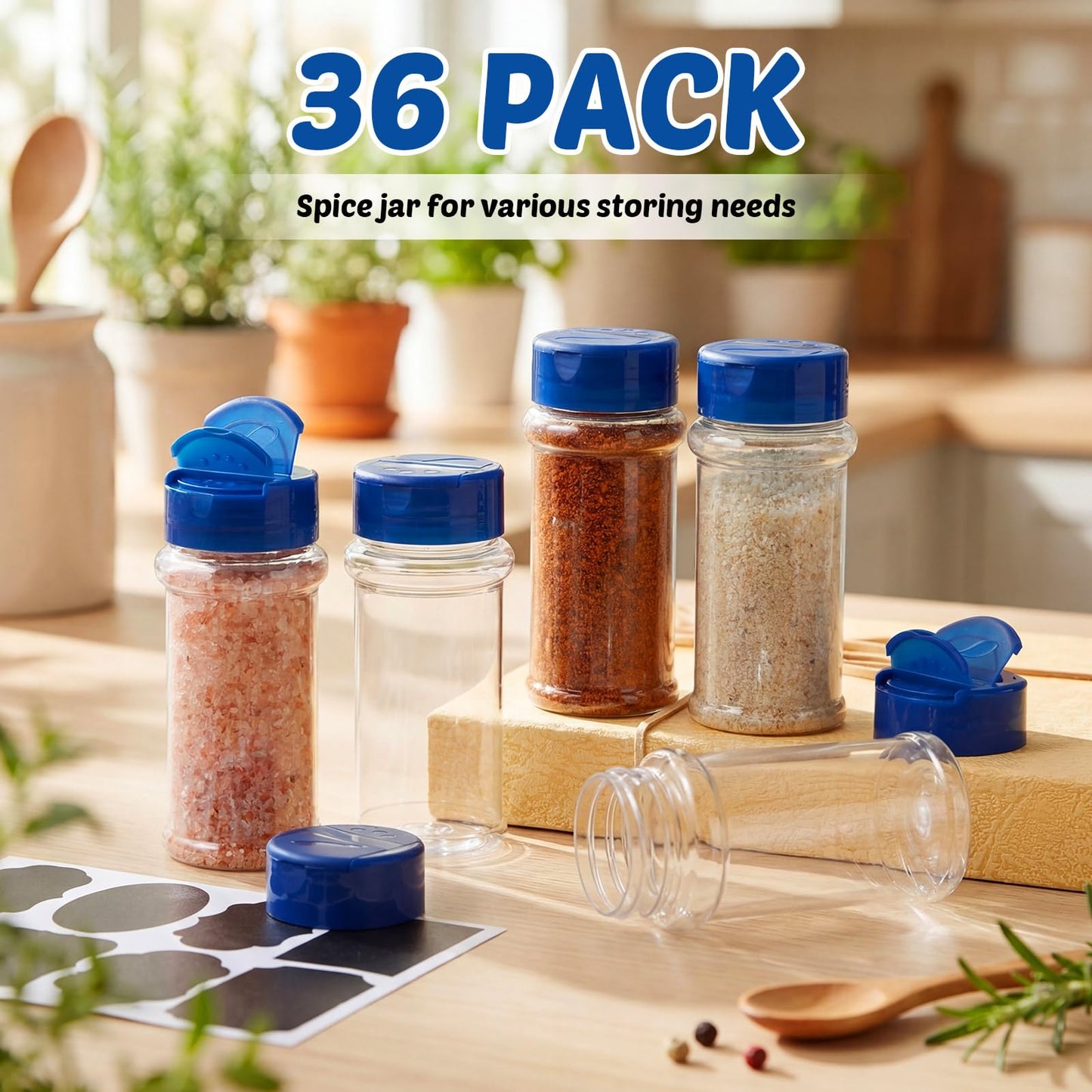 Eccliy 36 Pack 3 oz Clear Plastic Spice Jars with Label and Shaker Lids Empty Spice Bottles Seasoning Containers Seasoning Jars Shaker Condiment Pots for Pepper Herbs Powders(Blue)
