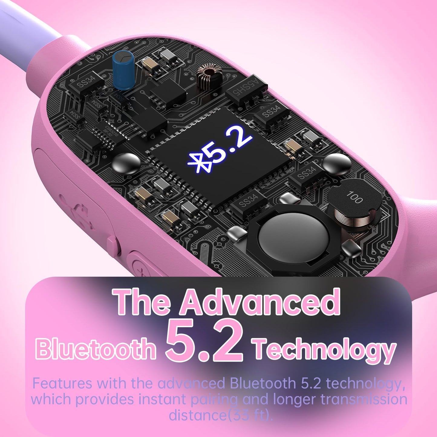 Mehomeli Kids Headphones, Bluetooth 5.2 Air Conduction Open Ear Headphones, 85dB Volume Limiting, Stereo Sound with Mic, IPX5 Waterproof, 20H Playtime, Perfect for School and Outdoor-Pink