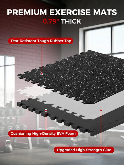 HIAARO 0.79in Extra-Thick 72 Sq Ft Exercise Equipment Mats, 18 Tiles Rubber Top EVA Foam Workout Mats, Interlocking Gym Flooring for Home Gym, 24 x 24in, Black & White
