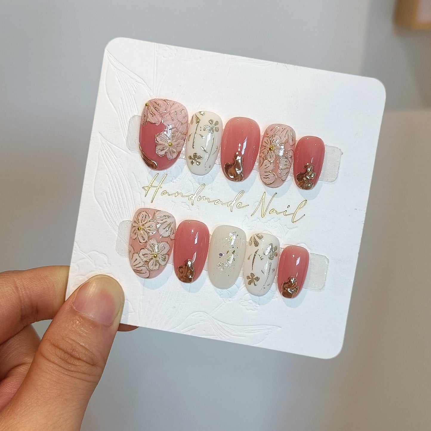 TENPAL Short Oval Press on Nails,Peach Yogurt Base Glue on Nails,Hand-Painted Cloisonné Florals False Nails Press ons,Artisan Chinese Style Fake Nails Kit,Enamel Wire Inlay Nail Art Tools 10pcs(L)