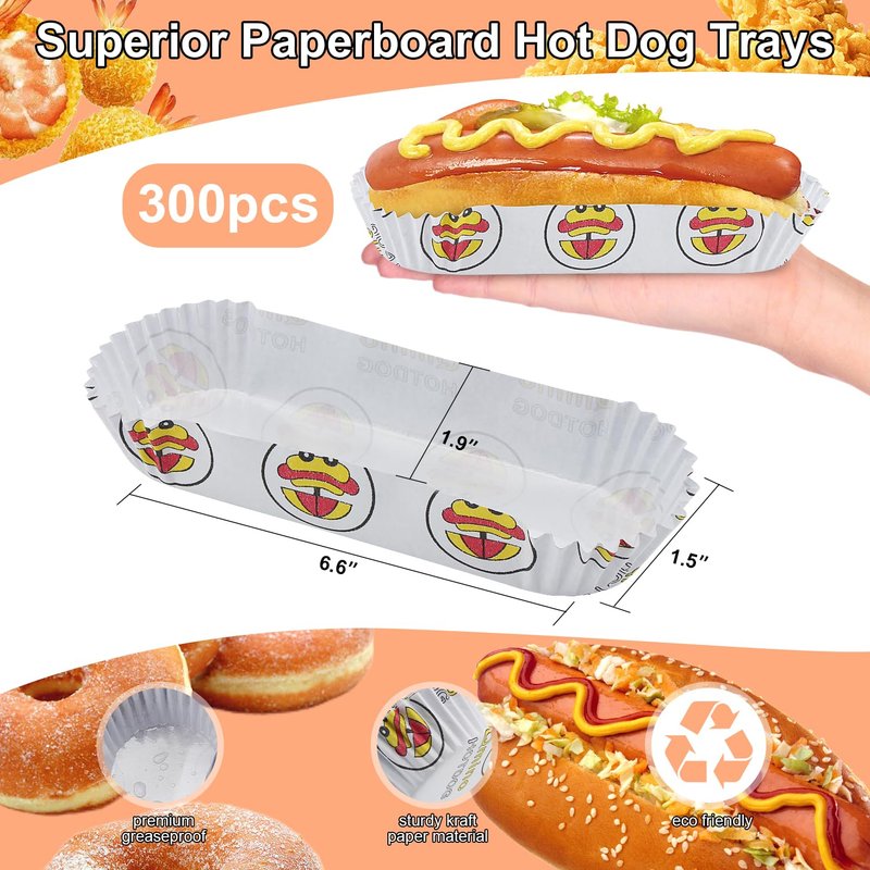 Qmino 300Pcs Hot Dog Trays, 6'' Paper Food Trays Eco Friendly, Boats Rectangular Fluted Hot Dog Tray, Disposable Food Tray Hot Dog Cart Accessories for Takeout Food