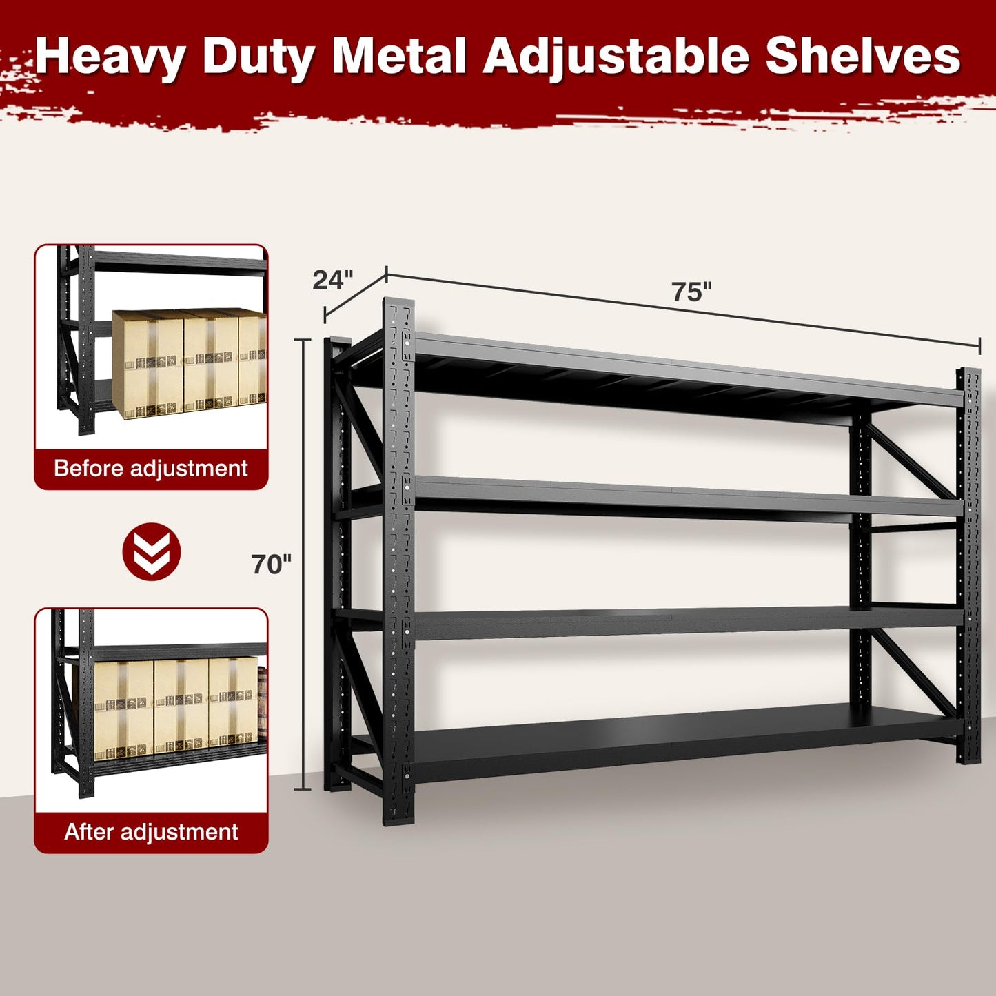 Fesbos 9000LBS Metal Steel Storage Shelves - 75" W Black 4 Tier Heavy Duty Rack Commercial Industrial Shelving with Adjustable Shelf for Basement Garage Warehouse - 75" W x 24" D x 70" H