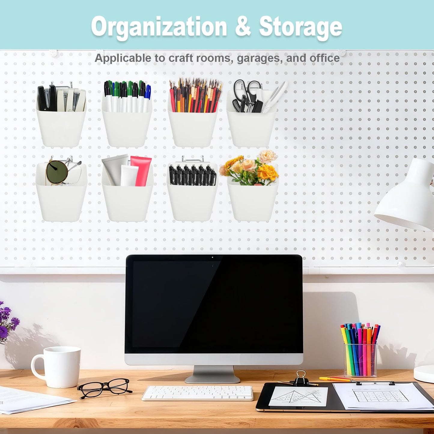 FIMXSD 8 Pack Large Pegboard Bins with Hooks, Square Box Shape Peg Board Cups and Peg Board Accessories for Craft Room, Playroom, Office, Garage, and Wall Mount Organization (White)