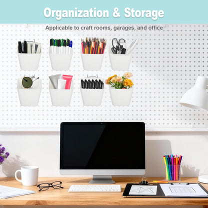 FIMXSD 8 Pack Large Pegboard Bins with Hooks, Square Box Shape Peg Board Cups and Peg Board Accessories for Craft Room, Playroom, Office, Garage, and Wall Mount Organization (White)