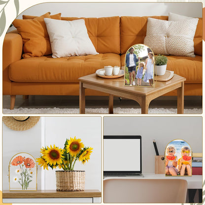 Vicenpal 4 Pcs 5 x 7 Inch Double Glass Frame for Pressed Flowers Vintage Metal Gold Floating Picture Frames Minimal Vertical Arched Photo Stand for Desk Tabletop Display (Gold)