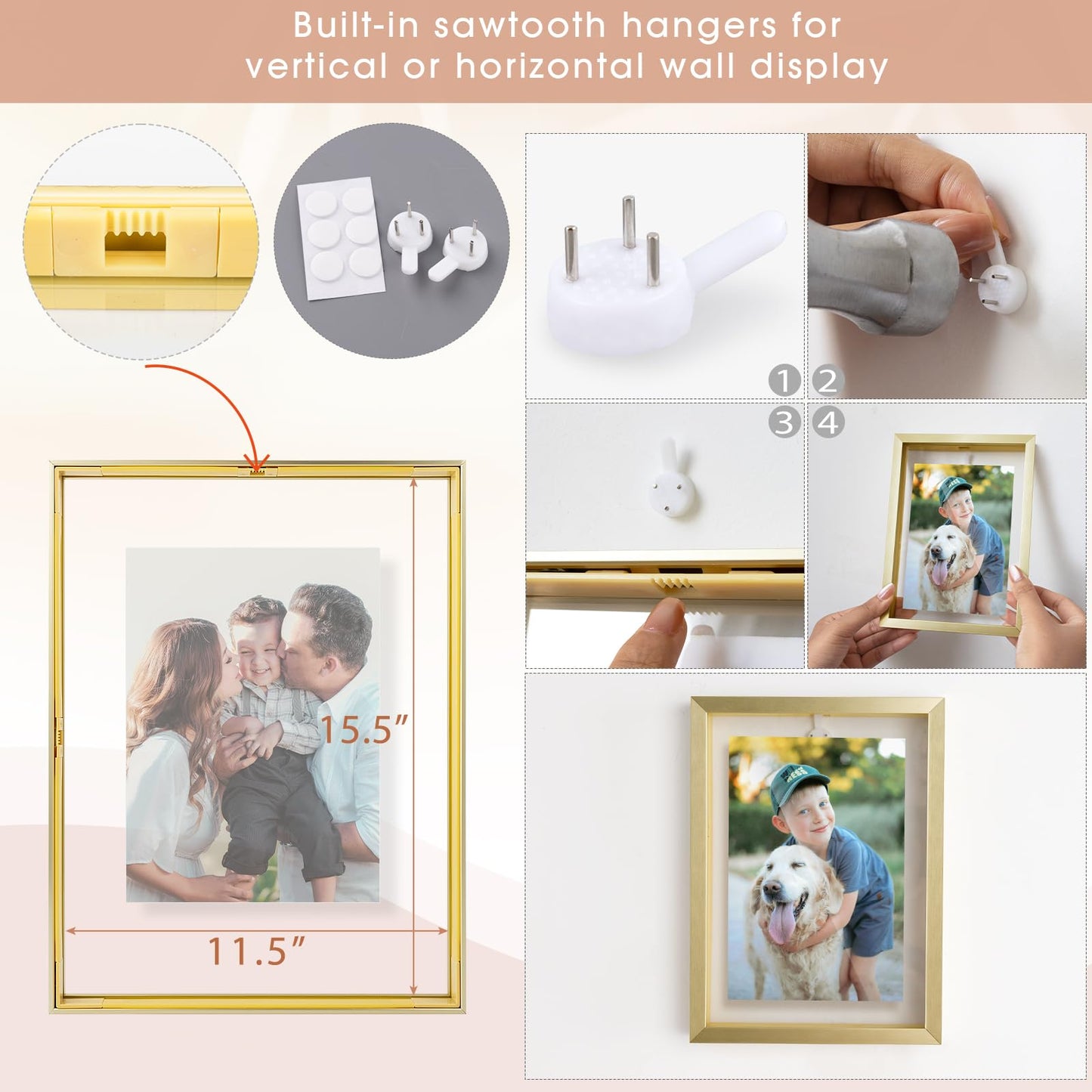 Golden State Art, 12x16 Floating Frame, Gold Aluminum Picture Frame, Clear Glass Display Any Size Photo up to 12 x 16, Home Gallery Wall Decoration, Display Horizontal and Vertical
