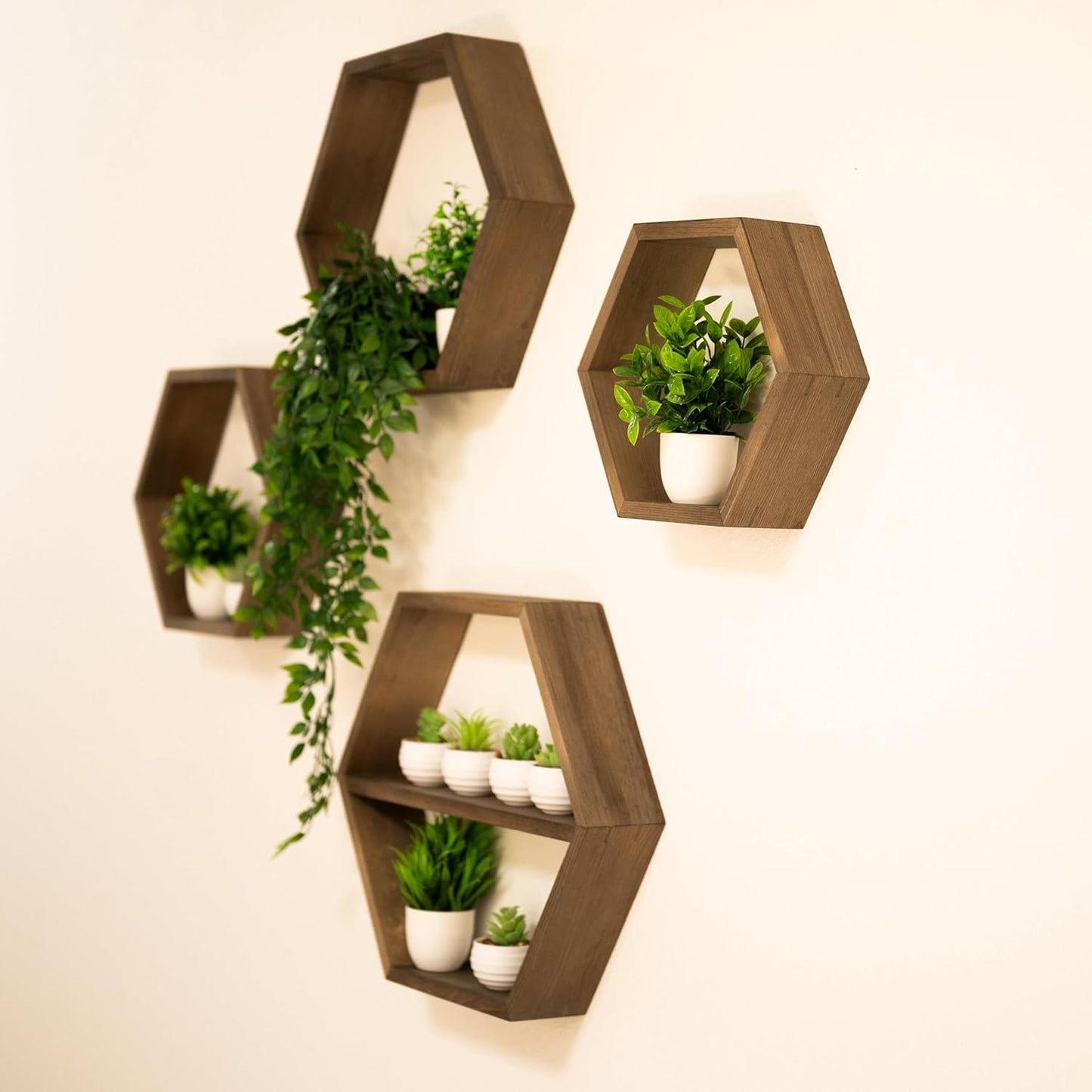 Set 4 Large Hexagon Floating Shelves of Honeycomb Shelf, Crystal Display Shelf, Wood Hexagon Wall Shelves, Farmhouse