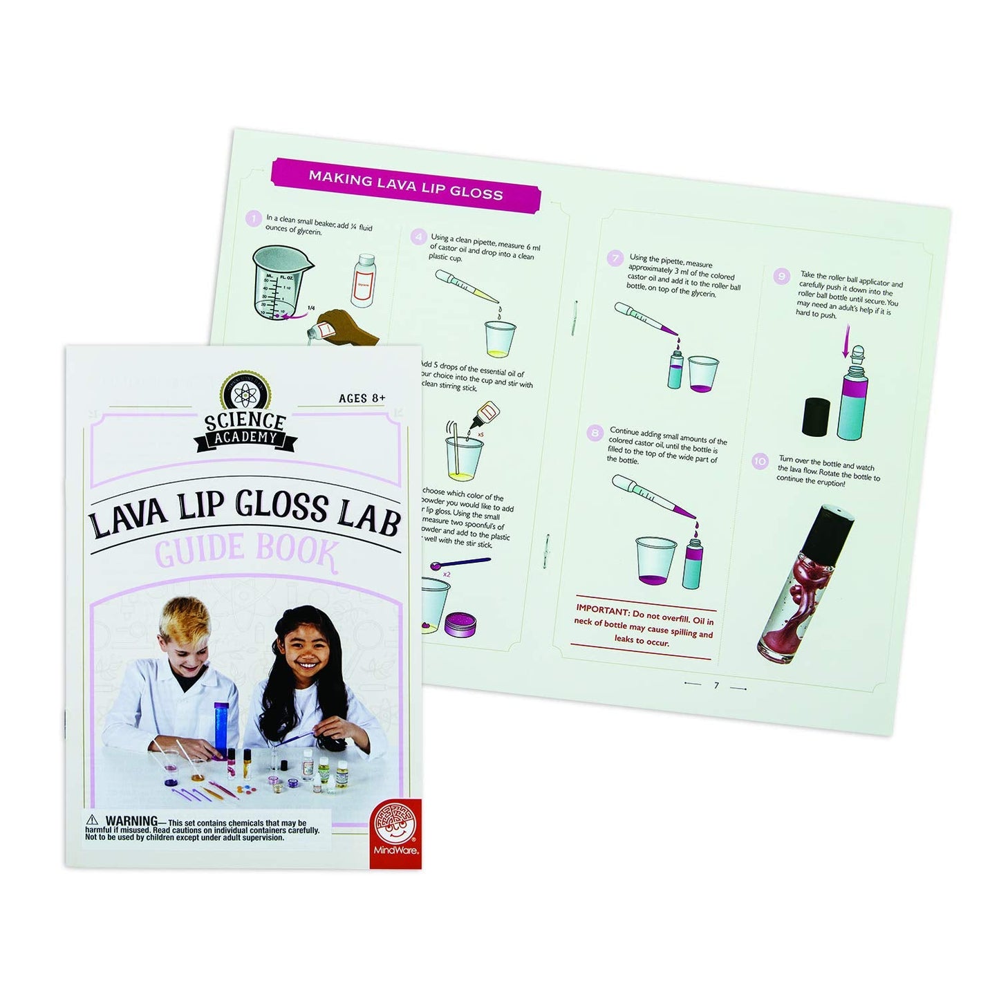 MindWare Science Academy Lava Lip Gloss Lab - 33 Piece Lip Gloss Making Kit - Make 3 DIY Lip Glosses
