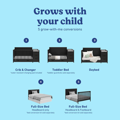 Graco Hadley 5-in-1 Convertible Crib & Changer – GREENGUARD Gold Certified, Fits Standard Crib Mattress, Converts to Toddler Bed and Full Bed, 4 Adjustable Mattress Heights (Black)