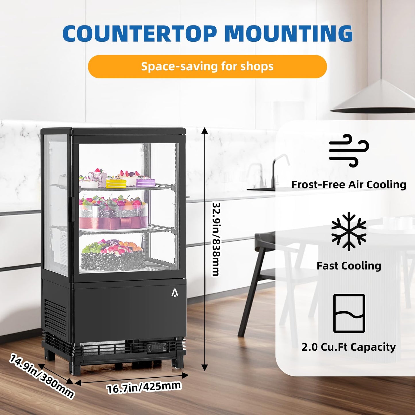 2.1 Cu.Ft. Commercial Bakery Display Refrigerator, Countertop Refrigerated Case, Display Fridge, Single Door, Merchandiser Beverage Cooler, 3 Layers, LED, Adjustable Shelves, Restaurants, Bars, Shops