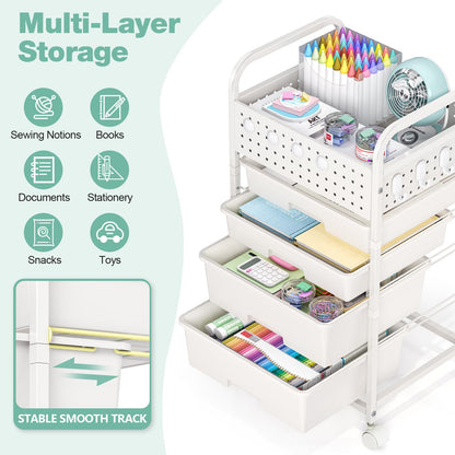 SYKIARIOL 4 Drawer Rolling Storage Cart with Pegboard Top and Hooks, Mobile Organizer Cart with Wheels for Office Supplies, Craft Storage, Classroom Organization, Home Utility Cart, White