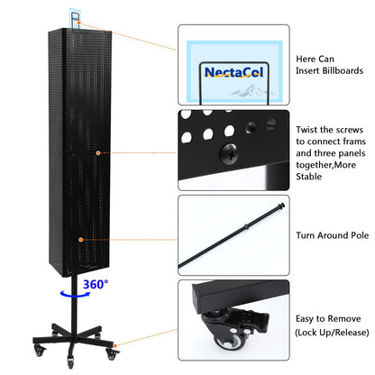 NectaCol Triangular Metal Pegboard Panels Display with Base and Pole, Black Pegboard Display Stand with Wheels, Jewelry Display Rack, Art Display Stand, Extra 20 pieces Hooks