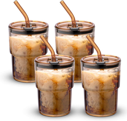 13 oz (Amber-4pack) BLUEPOLAR Tumbler Water Glass, Water Bottle with Straw and Dustproof Lid, Coffee Ice Cup Double