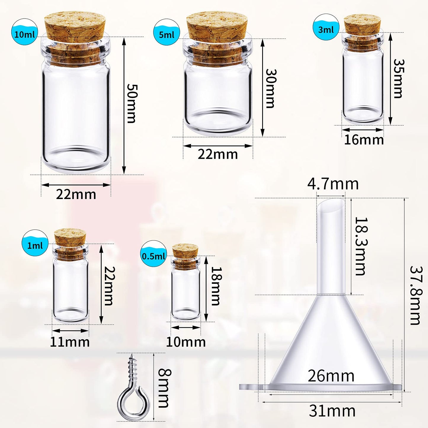 Sherli 45 Pcs Small Mini Glass Bottles with Cork Stoppers Small Glass Jars with Lids Tiny Spell Jars with 50 Eye Screws and 3 Funnels for DIY Art Craft(0.5ml, 1ml, 3ml, 5ml, 10ml)