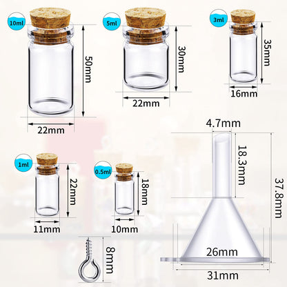 Sherli 45 Pcs Small Mini Glass Bottles with Cork Stoppers Small Glass Jars with Lids Tiny Spell Jars with 50 Eye Screws and 3 Funnels for DIY Art Craft(0.5ml, 1ml, 3ml, 5ml, 10ml)