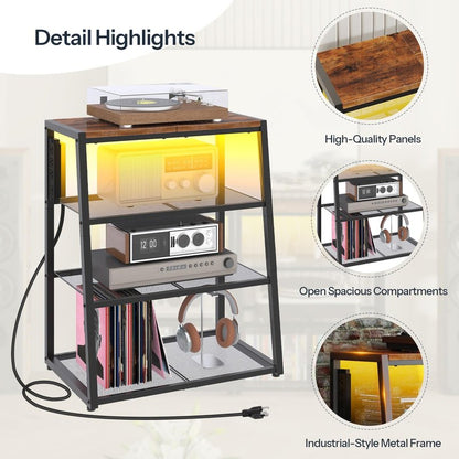 HOOBRO 4-Tier AV Media Stand, Stereo Stand with Charging Station and LED Light, Wooden Stereo Cabinet, Rack Audio Tower, Corner Entertainment Center, 30'', Rustic Brown and Black BF107UDCJ01