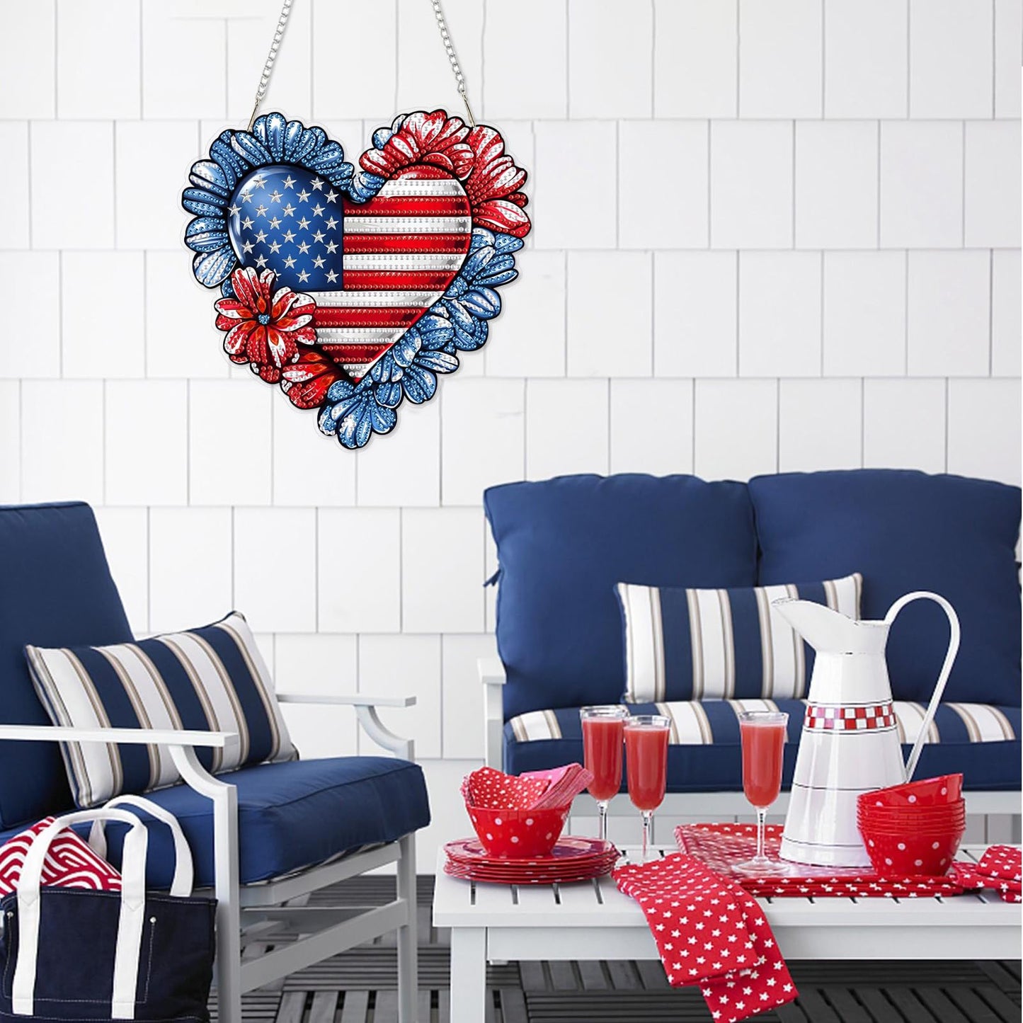 DOMROM 4th of July Patriotic Heart Diamond Art Hanging Kits, American Flag Floral Diamond Painting, Special Shaped Gem Art Suncatchers Ornament, Independence Day Heart Decor for Home Window Wall