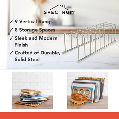 Spectrum Euro Kitchen Organizer Metal Dish Rack Cutting Board Holder Stand for Countertop or Inside Cabinet Organization, 8 Slot Cutting Board Plate Drying Rack for Bakeware Storage, Satin Nickel
