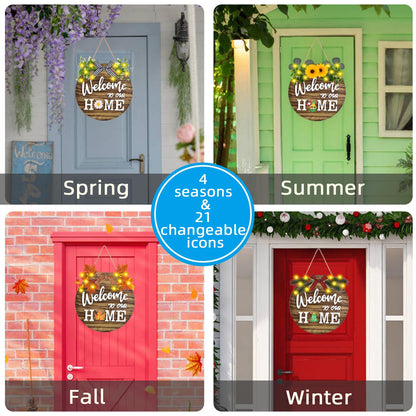 Interchangeable Welcome Home Sign, Front Door Decor With 4 Seasonal Wreaths and 21 Changeable Icons, Rustic Wood Wall Porch Hanger for Holiday Halloween Christmas Housewarming Gift (Brown)
