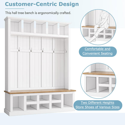 Farmhouse Wood Hall Tree with Bench and Shoe Storage, 5-in-1 Coat Rack with 6 Hooks for Entrance, Hallway White