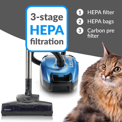 Prolux Tritan Bagged Canister Vacuum Cleaner, HEPA Filtration, Complete Home Care Tool Kit, Pet Hair No More, Adjustable Power Setting, Blue
