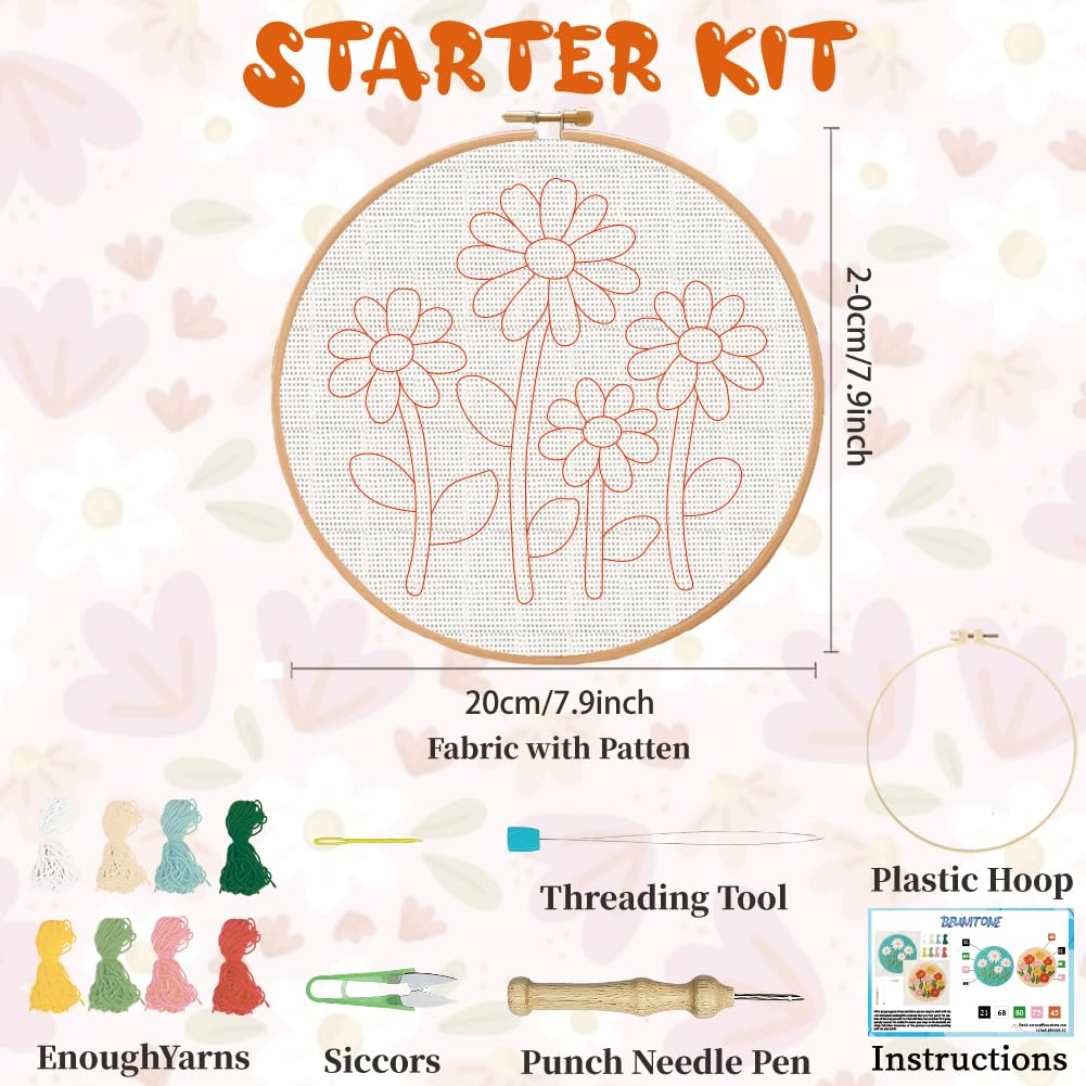 BEUNITONE 2PCS Flower Punch Needle Kit for Adults Beginners, Complete DIY Craft Needlepoint Kits with Hoop, Punch Needle Starter Craft Embroidery Set for Handmade Decor & Floral Stitching Projects