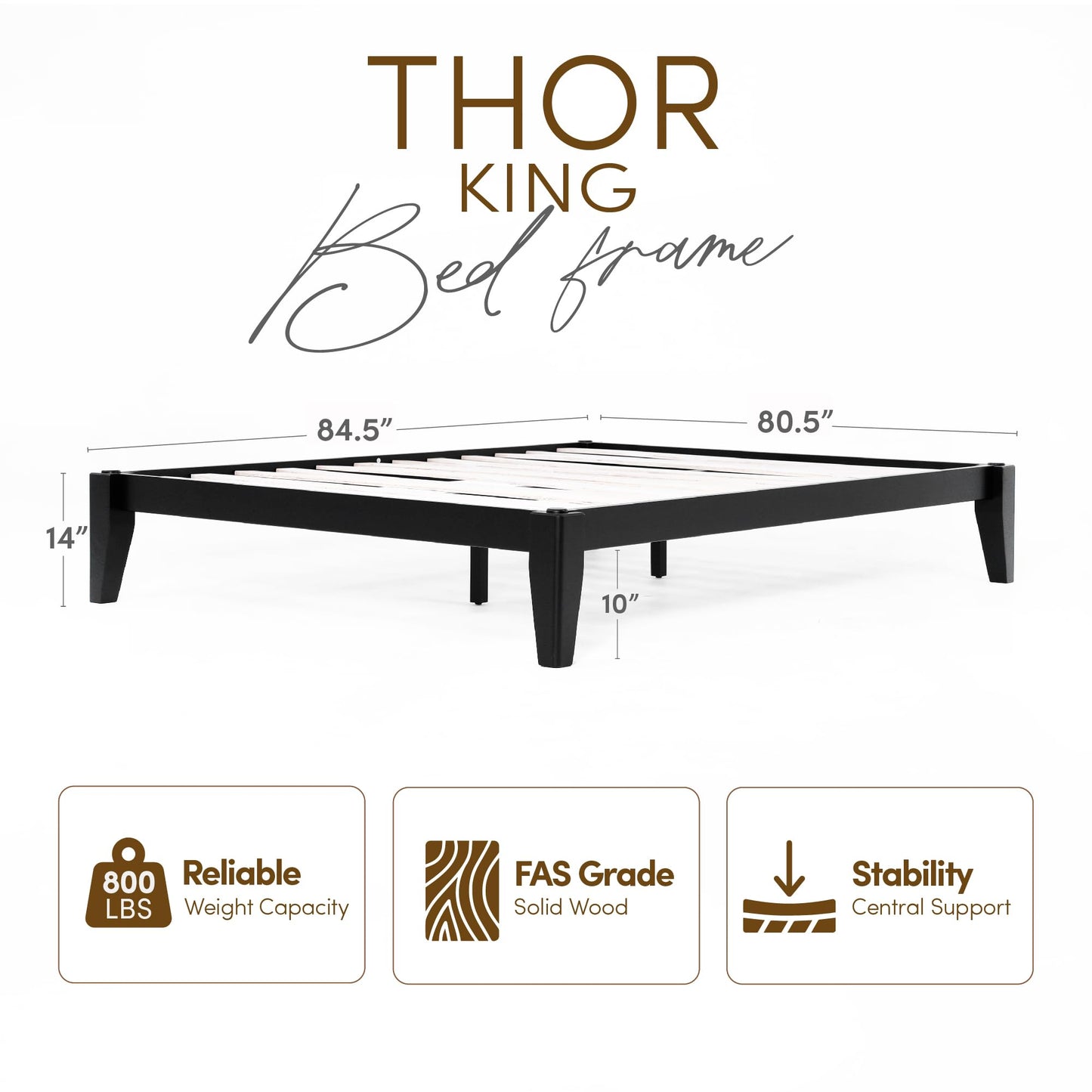AllForWood Thor Premium Solid Wood Bed Frame King, Japanese Joinery Bed Frame with Wood Slat Support, Platform Bed, No Box Spring Needed, Easy Assembly, Minimalist & Modern Style (Midnight Charcoal)