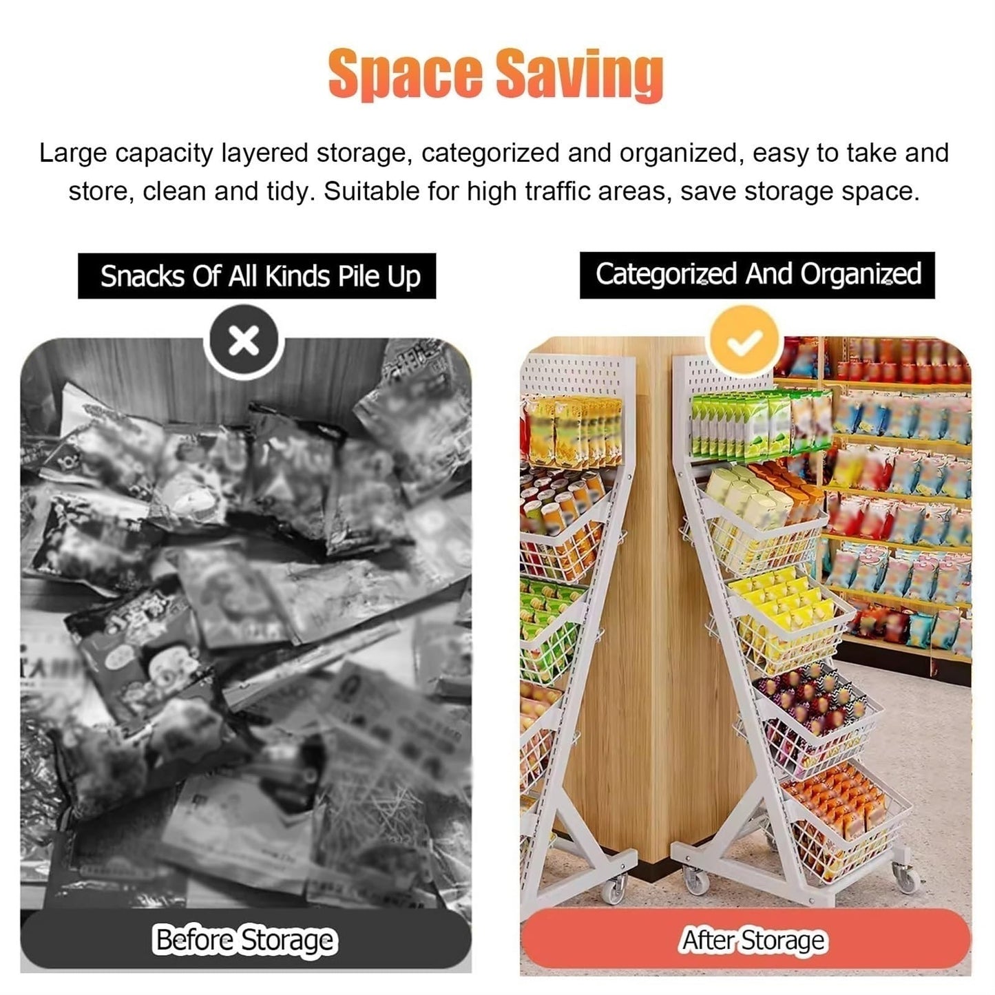 WDJBPSH Rolling Snack Candy Display Rack, Floor-Standing Concession Display Stand with Hanging Hook, Chocolate/Bread/Potato Chips/Cereal/Jelly/Coffee Capsules Organizer(White,8 Basket)