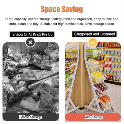 WDJBPSH Rolling Snack Candy Display Rack, Floor-Standing Concession Display Stand with Hanging Hook, Chocolate/Bread/Potato Chips/Cereal/Jelly/Coffee Capsules Organizer(White,8 Basket)
