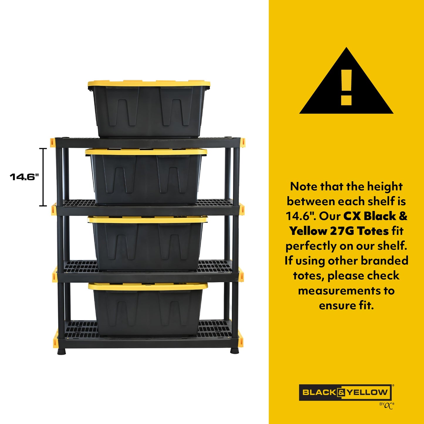 CX Black & Yellow 4-Tier Heavy Duty Storage Shelves and 8 Heavy Duty Storage Bins with Lids, 4 Shelves that Support up to 200lbs/shelf + 27 Gallon Containers (8-Pack), Organization and Storage