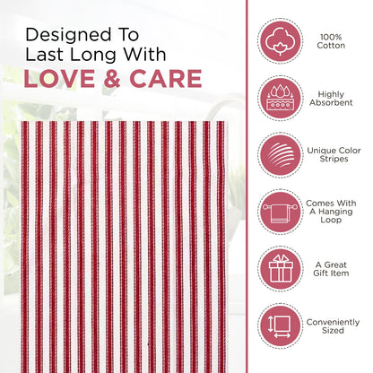 Candy Cottons Stripe Kitchen Dish Towels With Hanging Loop - Boho Absorbent Festive Gift Set of 6 - Reusable 18x28 Inch Pantry Decor - Trendy Spring French Red