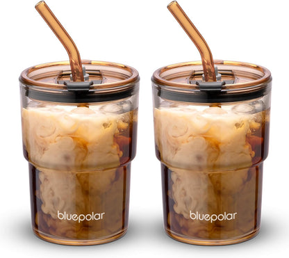 13oz/400ml (Amber-2PACK) BLUEPOLAR Glass Water Tumbler with Straw and Lid Sealed Carry On Thick Wall Iced Coffee Cup